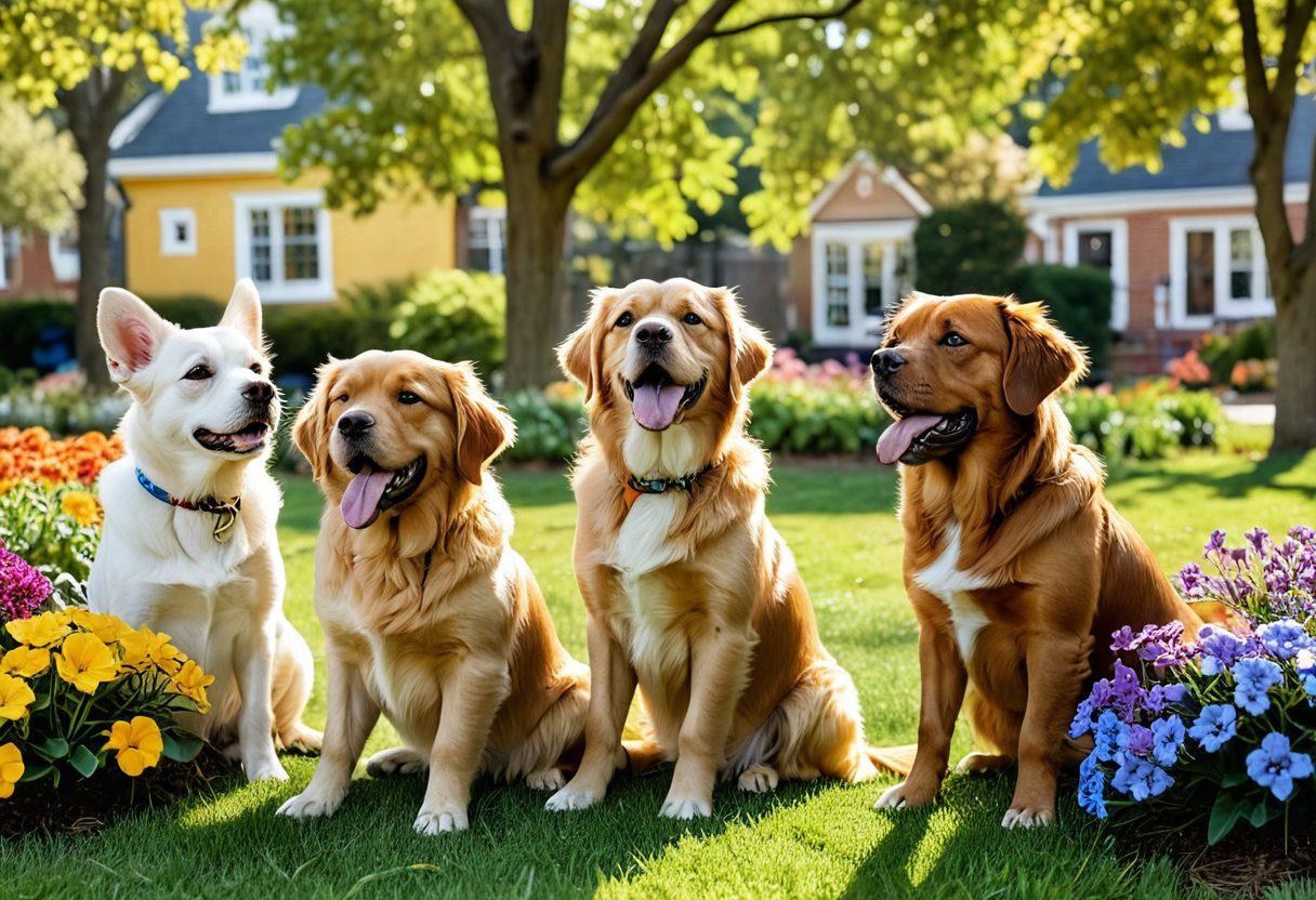 A heartwarming scene featuring a diverse group of charming dog breeds playfully interacting in a sunny neighborhood park, surrounded by blooming flowers and cheerful children. Showcase various breeds like Golden Retrievers, French Bulldogs, and Dachshunds in bright colors, emphasizing their unique traits and personalities. Capture joyful expressions and dynamic poses to evoke happiness and community spirit. super-realistic. vibrant colors. sunny day.