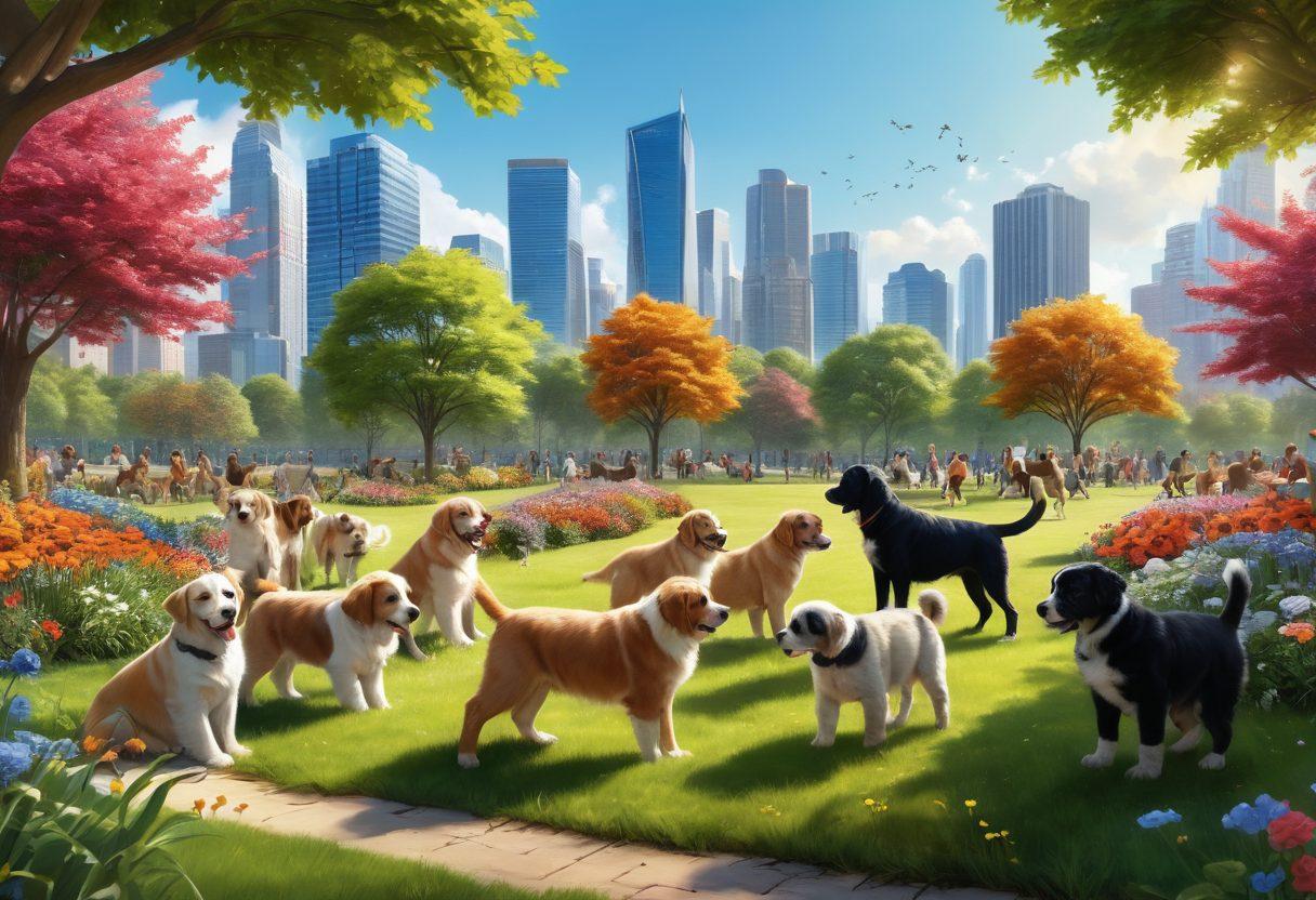 A lively scene of various breeds of playful puppies exploring a bustling urban environment, with a vibrant park filled with people and colorful flowers in the background. The setting reflects a sunny day, showcasing a few dogs engaged in playful interactions with their owners while city skyscrapers loom in the background. The essence of joy and companionship shines through the illustration. super-realistic. vibrant colors. urban landscape.
